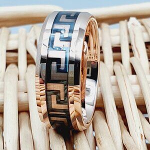 Gold Tungsten Carbide Ring – Black Greek Key Pattern Inlay W657